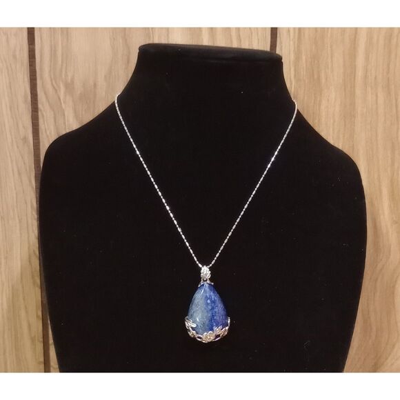 Large Teardrop Lapis Lazuli Floral Cage Pendant Silver Tone 18" Chain Necklace - Picture 1 of 7